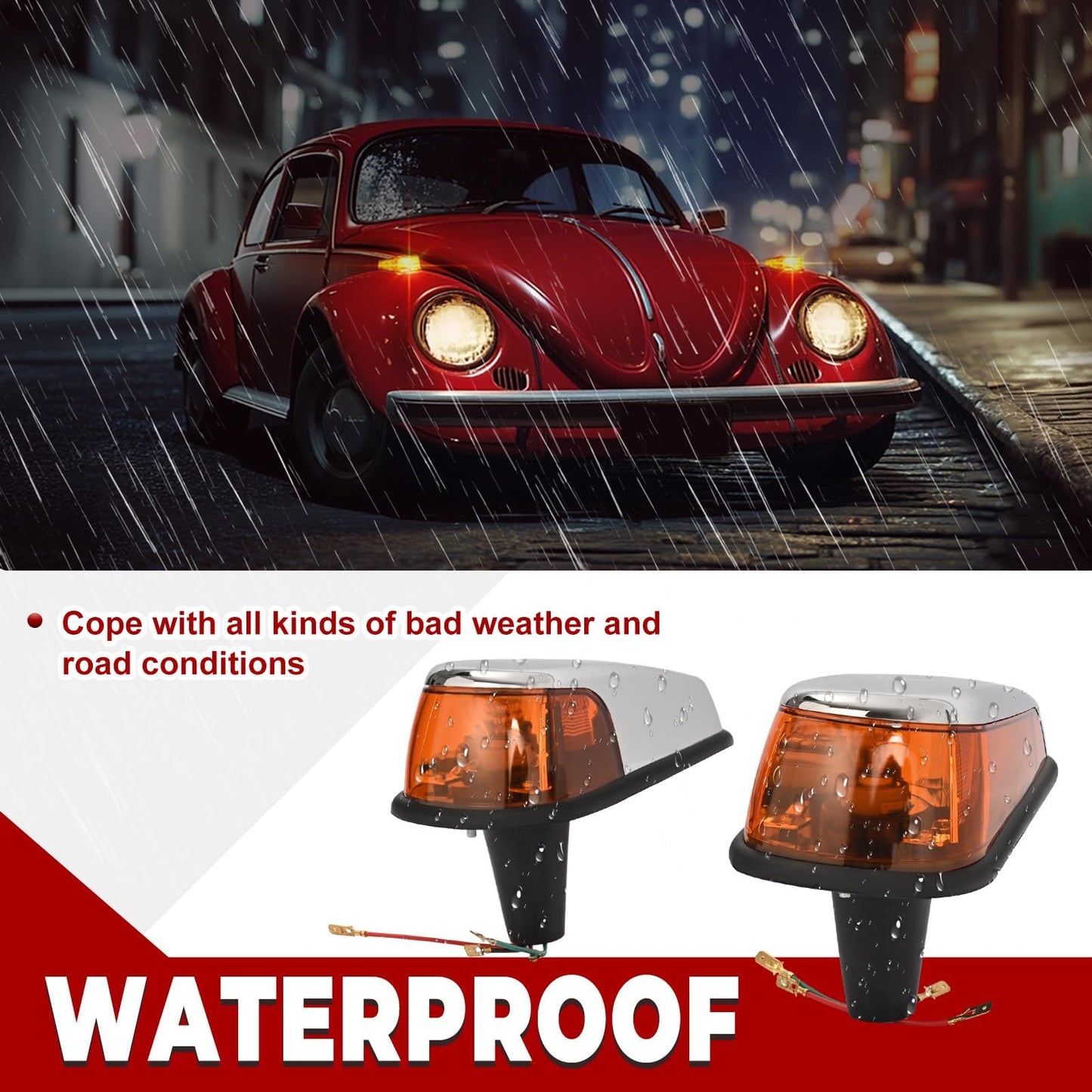 HECASA Turn Signal Light Assembly for VW Bug 1970-1979, Amber Lens, Plastic, Model MO-4974, Pair, Right & Left Side