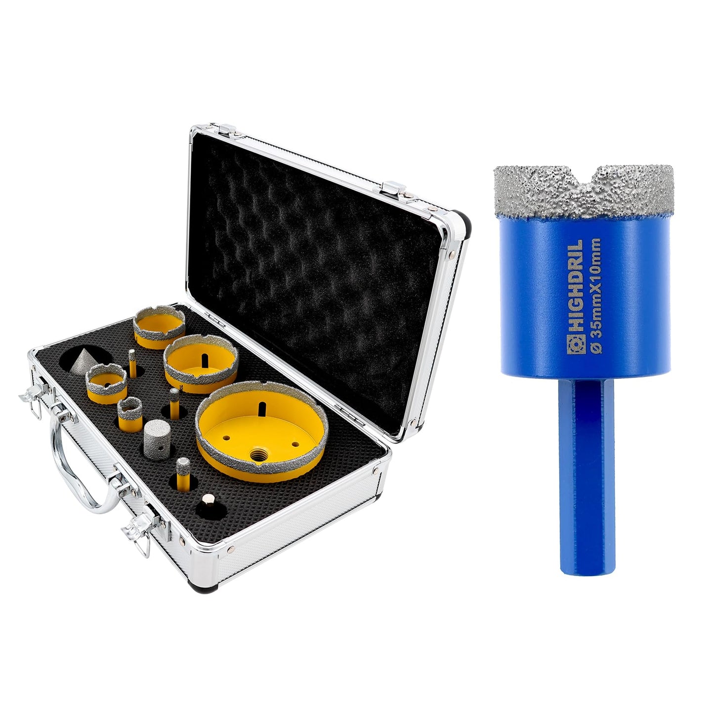 HIGHDRIL Diamond Drill Bits Kit with 5/8-11 for Porcelain Tile Ceramic Marble Brick Concrete Vacuum Brazed Hole Saw(6/8/10/20/35/50/65/100mm+50mm Chamfer Bit+20mm Finger Bit+Adapter)