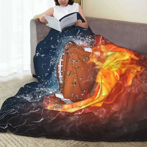 American Football Blanket 3D Print Throw Blanket White Ball in Fire and Water Soft Blankets Baseball Gifts for Kids Boys All Season Couch Bed Sofa Home Decor (American Football,60"×50")