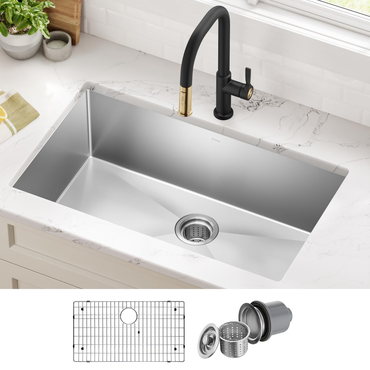 Kraus KHU100-32 Standart PRO 16 Gauge Undermount Single Bowl Stainless Steel Kitchen Sink, 32 Inch