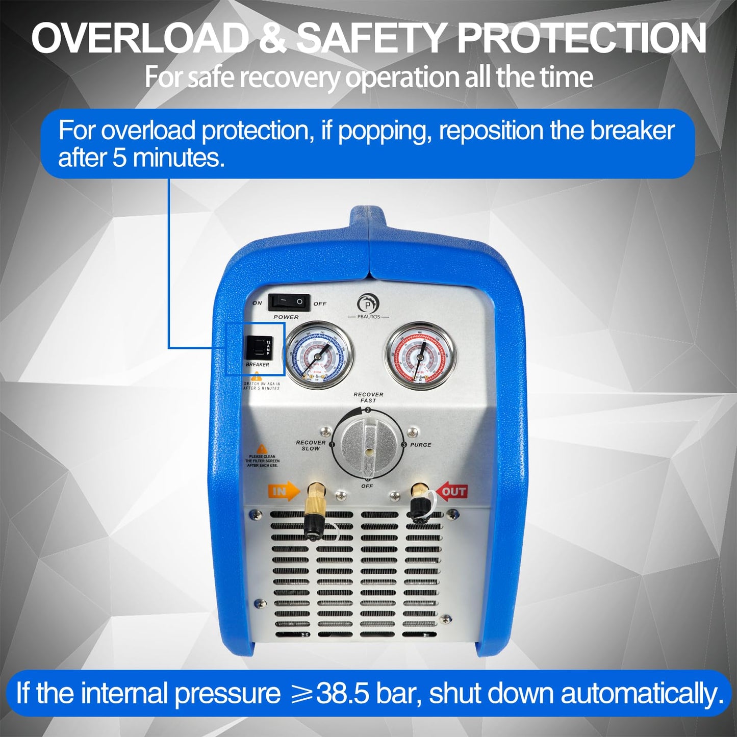 P PBAUTOS 1HP Dual Cylinder Refrigerant Recovery Machine, 110V-120V 60Hz Portable Oil-less Freon Recycling Unit for Both Liquid and Vapor Refrigerant, for Automotive A/C System, Household HVAC System