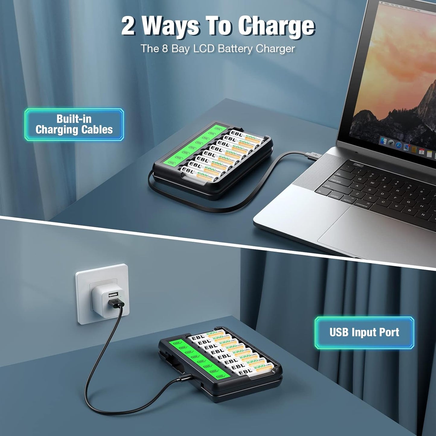 EBL 8 Pack 2300mAh 8-Bay Rechargeable AA Batteries and Battery Charger with Built-in Charging Cable, Ni-MH Duable A
