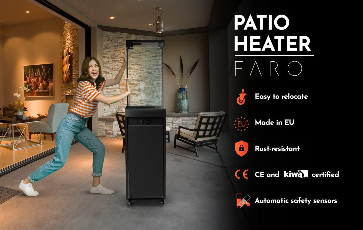 Planika Faro 41,000 BTU Propane Patio Heater 59" Modern Freestanding Glass Tower with Wheels, Smokeless 360° Flame, Cover & Regulator Included for Commercial & Residential Outdoor Spaces