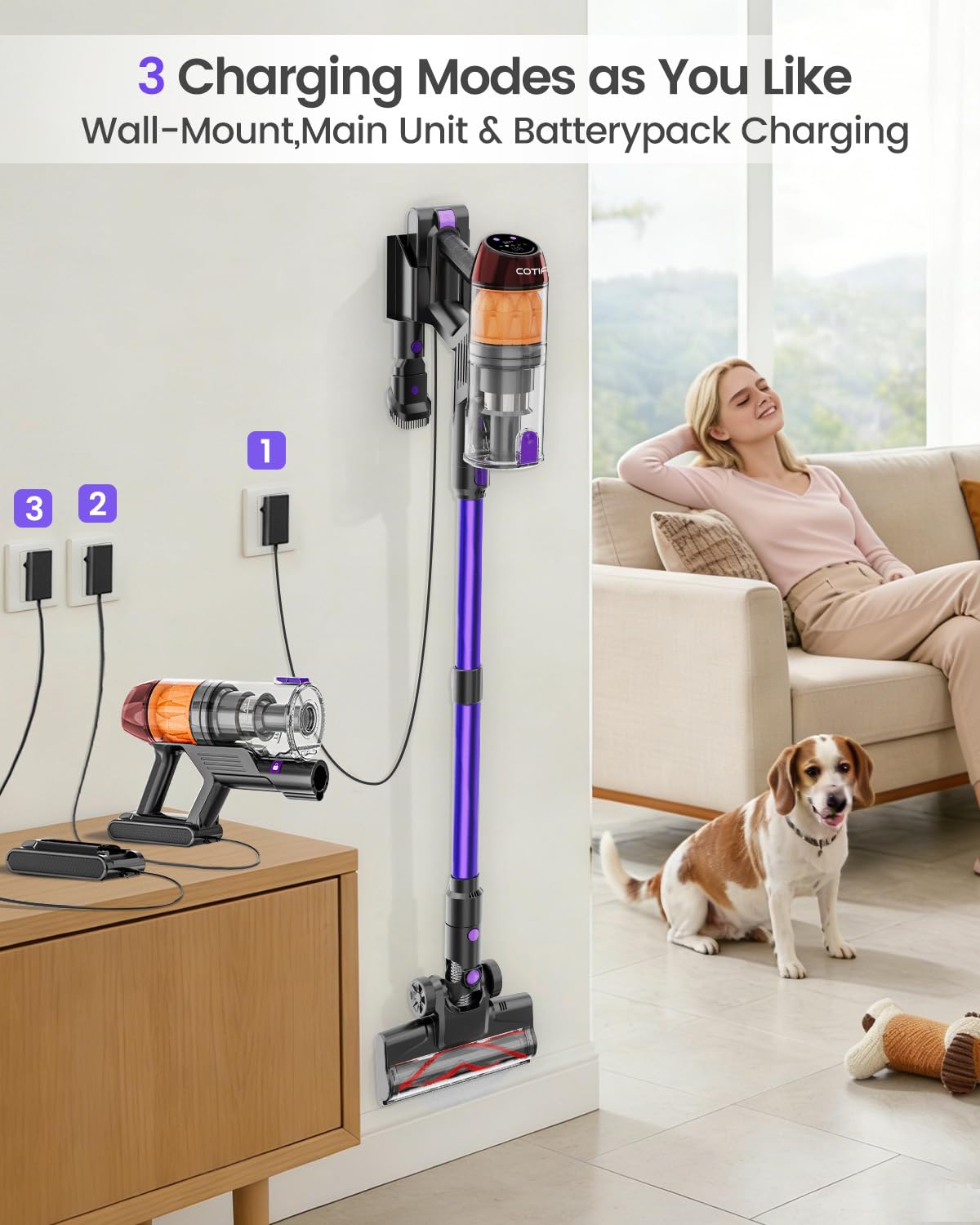 COTIAR Cordless Vacuum Cleaner, 500W 40KPa 60Mins Vacuum Cleaners for Home, Wireless Vacumm Anti-Tangle Rechargeable Vacuum with Green Light for Pet Hair/Carpet/Hardwood Floor, Purple