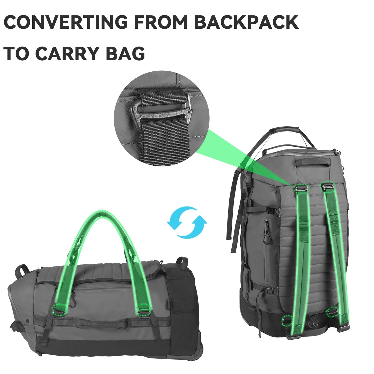 Vrtisa 85L 29“ Foldable Rolling Backpack with Wheels, Soft-side Travel Duffle Bag with Separate Shoe Compartment, Full Quilted Bottom, Grey