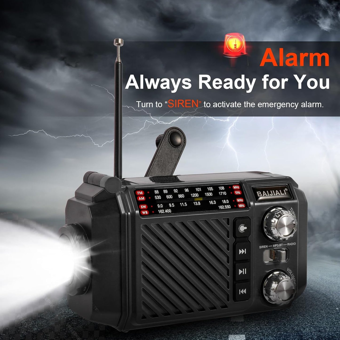 BAIJIALI 2600mAh/9620mWh Hand Crank Emergency Weather Radio with Power Bank, NOAA AM FM Shortwave Portable Radio, Solar
