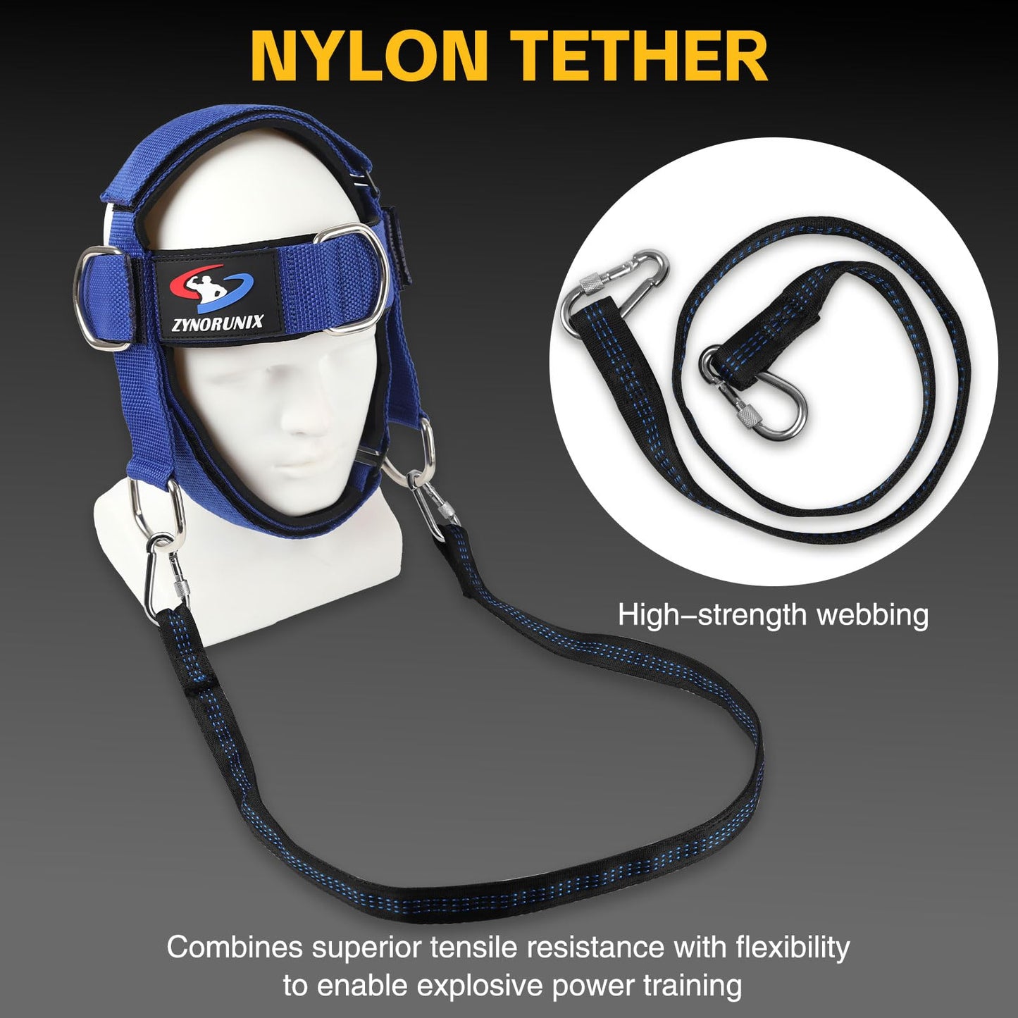 Fitness Neck Head Harness Trainer, Adjustable Chin Strap and Head Harness Strength with Nylon Tether, Neoprene Neck Workout Exerciser for Weight Lifting, Home and Gym Use, Blue