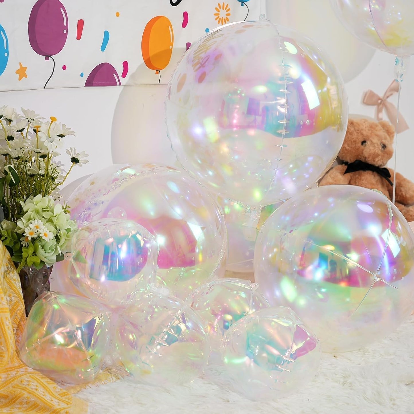 Skiennix 12Pcs Iridescent Round Foil Balloons - Holographic 4D Clear Balloons for Birthday & Wedding Decor