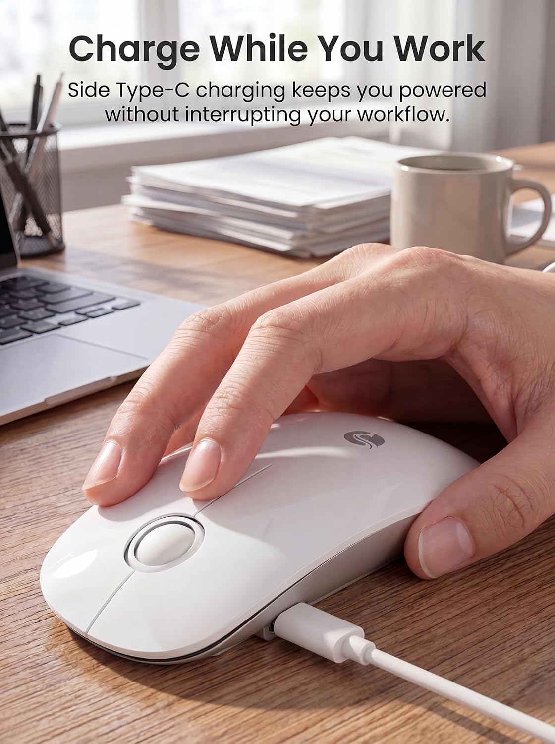 RAPIQUE R306 2.4G, Symmetrical Pro Wireless Mouse, Dual Bluetooth & Type-C Rechargeable, Silent Click, Slim Design