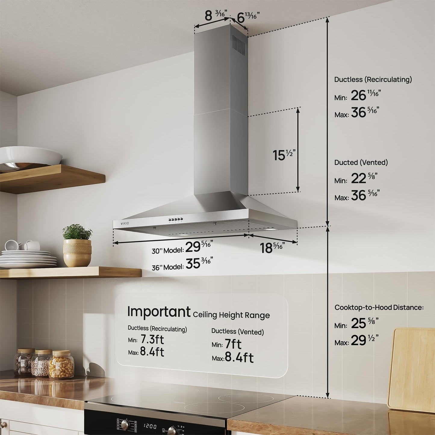 VIKIO HOME Wall Mount Range Hood 36 inch, 600 CFM Kitchen Vent Hood, Ducted or Ductless, with Charcoal Filters, Stainless Steel Baffle Filters & Dual LED Lights