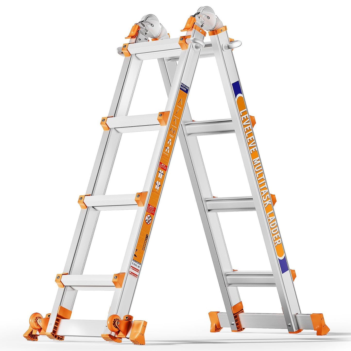LEVELEVE Telescoping A Frame Ladder, 14FT Multi Position Ladder with Stabilizer Bar & Wheels,330 lbs Security Load for Stairs Home Indoor Outdoor Roof