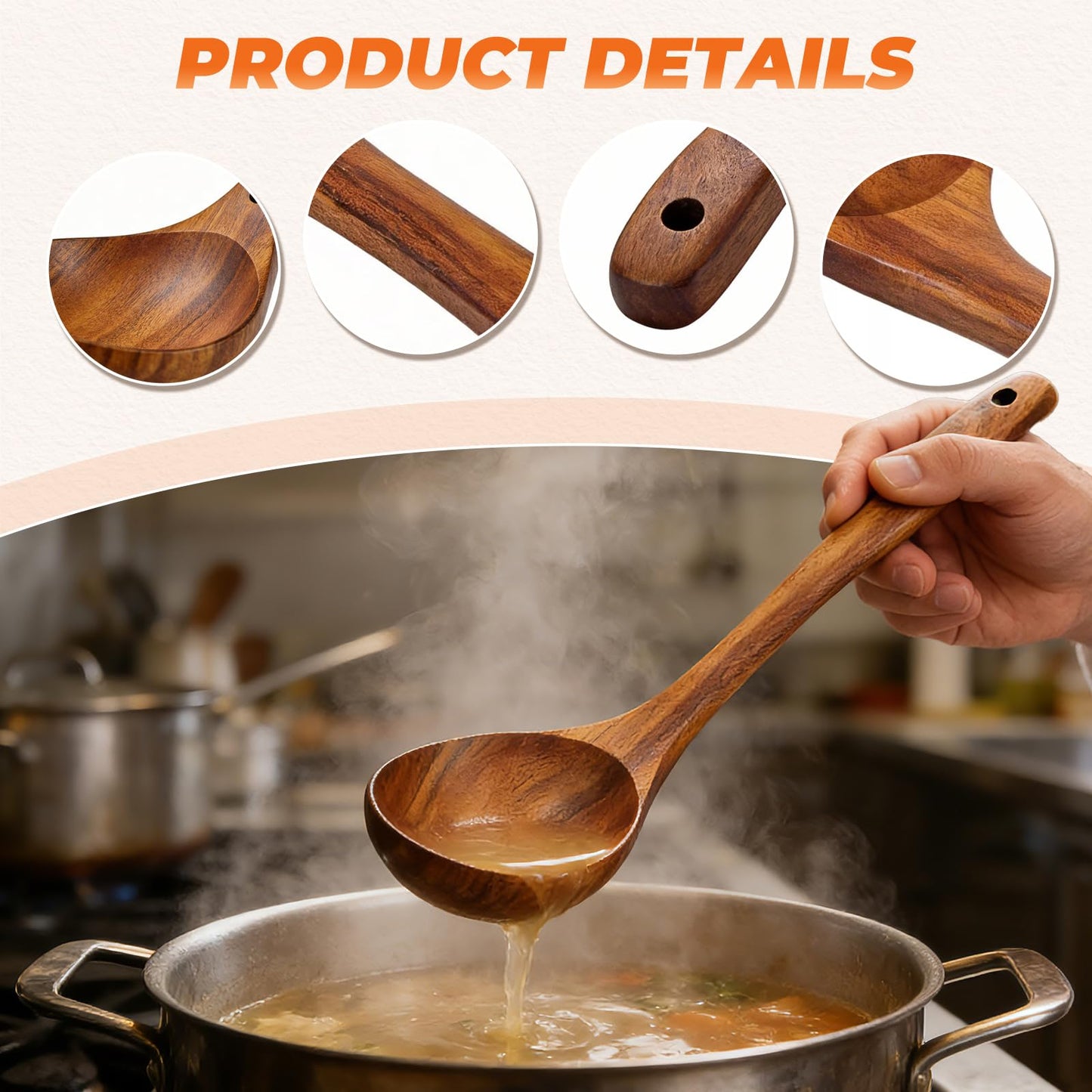Tmkit Wooden Ladle, Natural Acacia Wood Soup Spoons for Cooking, Serving, Stirring -12.9in Long, 2.5 oz Large Capacity- Premium Wooden Utensil Spoons for Mom, Wife Cooking Gifts