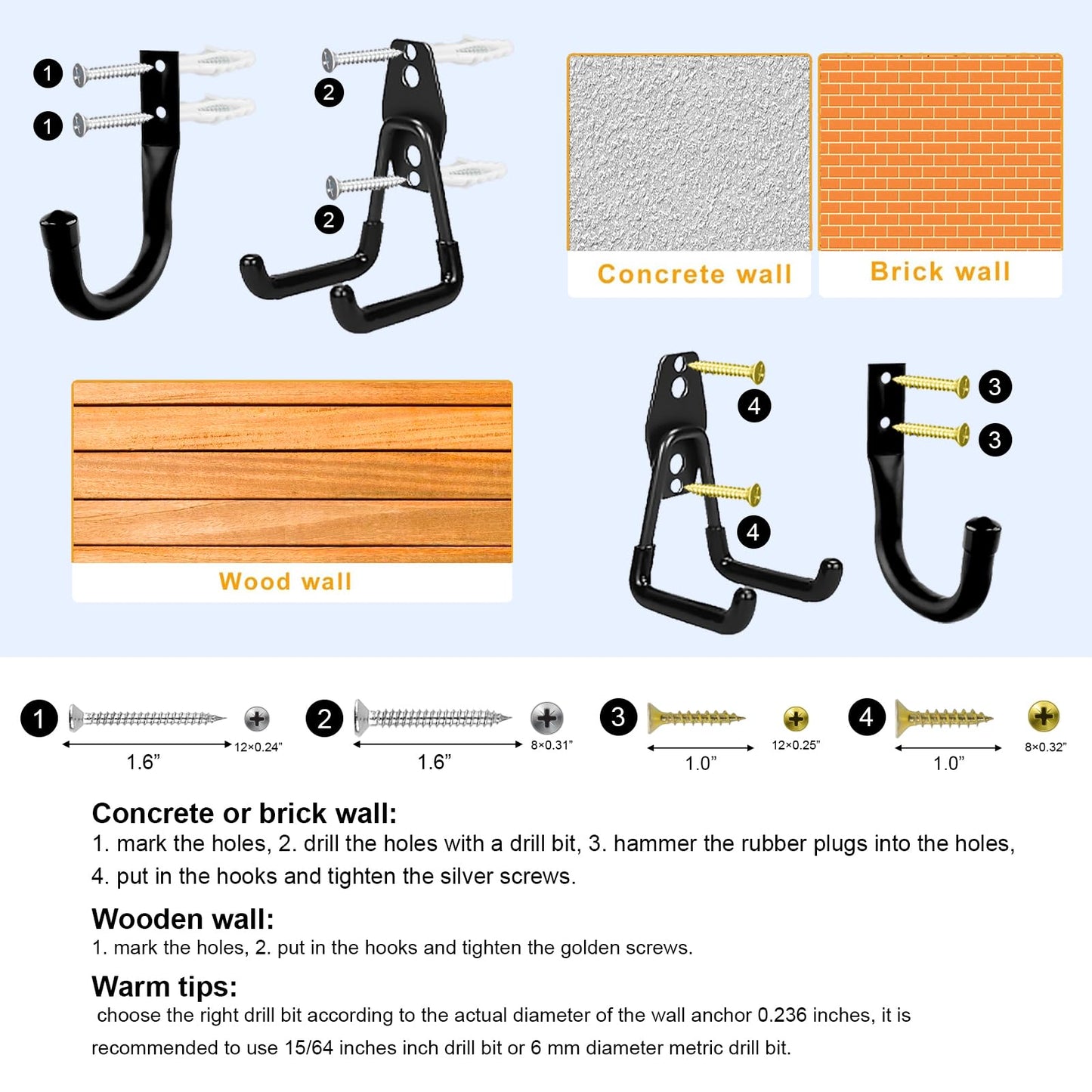 Jikro Heavy Duty Wall Garage Hooks, Steel Anti-Slip Utility Hooks Storage Organization Hangers for Ladders, Bikes, Hose, Garden Tools, Coats, Bags with Mounting Hardware Kit (Black, 10 Pack)