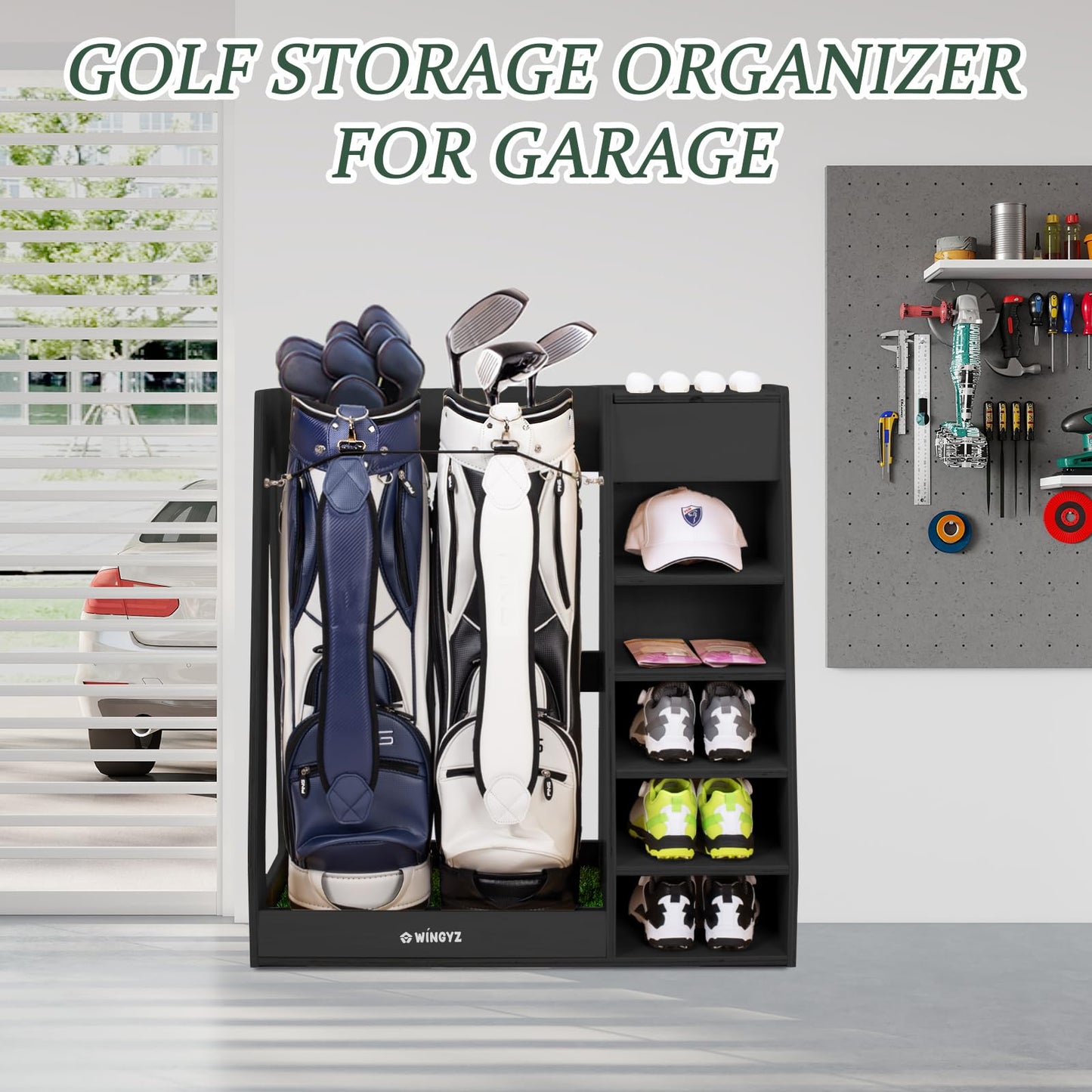 WINGYZ Premium Birch Plywood Golf Bag Storage for 2 Bags | 36lb Rock-Solid Golf Bag Organizer | 7-Shelf Command Center | Artificial Turf 12-Ball Display | No Wall Mounting Required (Black)