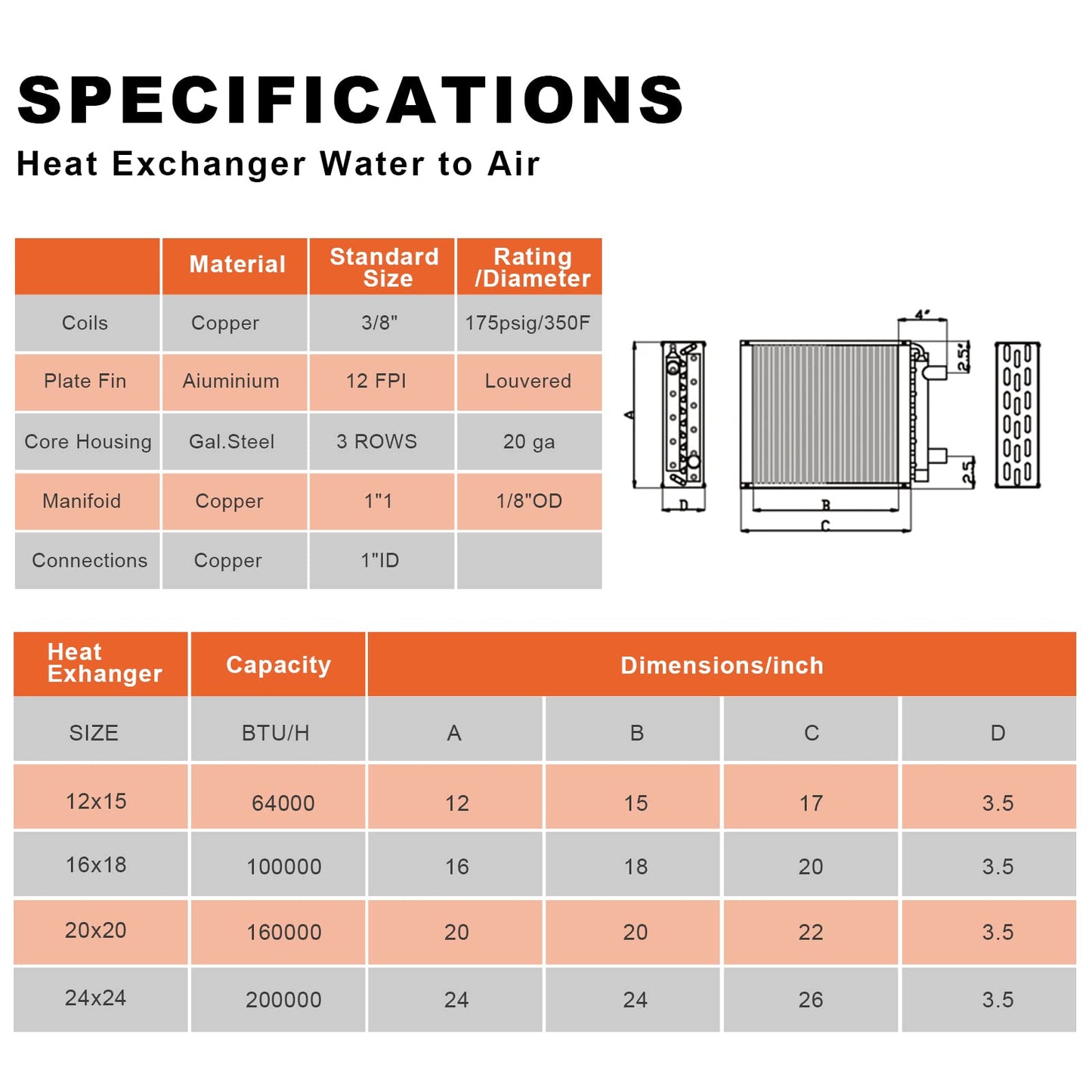 16 x 18 Heat Exchanger Water To Air, Copper Ports for Outdoor Wood Furnaces, Residential Heating and Cooling, and Forced Air Heating