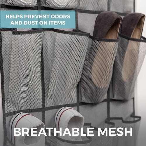 Home Genie Over The Door Shoe Organizer - 24 Breathable Mesh Pockets | Holds Up To 40 lbs, Gray