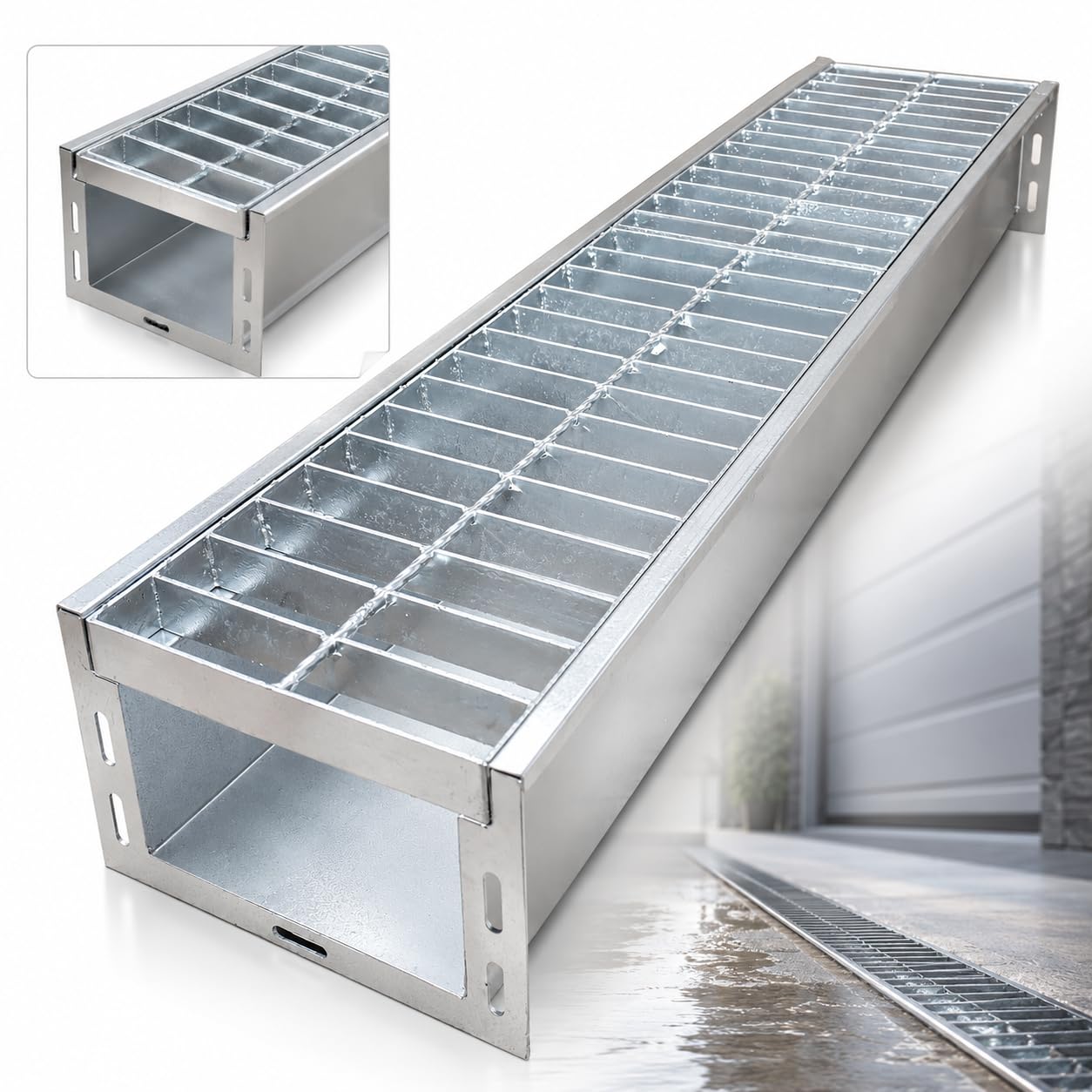 TONGMO 304 Stainless Steel Channel Drain with Stainless Steel Grate, 39.4" x 9" x 6" Heavy-Duty Trench Drain System, Class C Load Rating (55,000 lbs) for Driveways, Commercial Areas & Industrial Sites