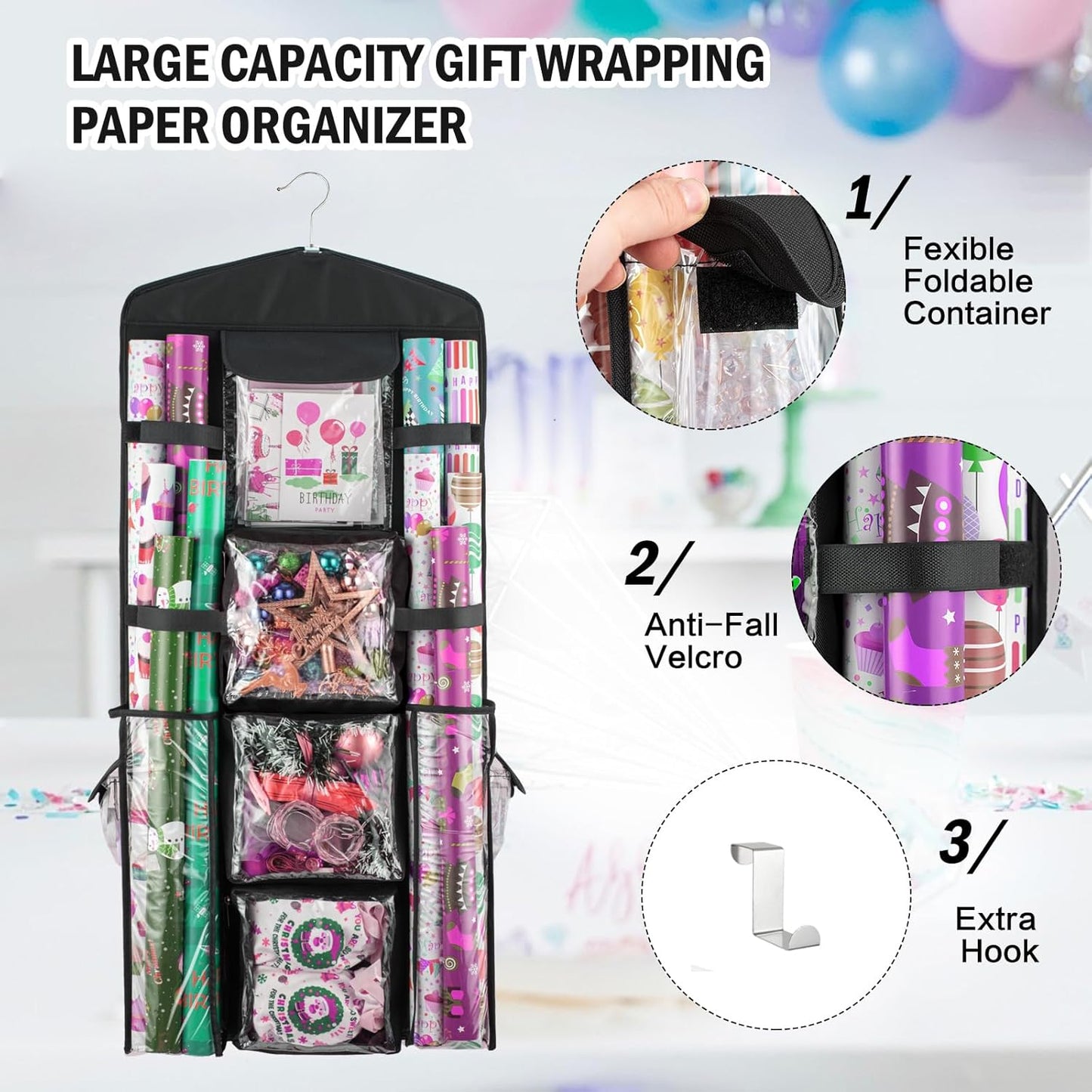 Regine Switzerland Christmas Wrapping Paper Organizer - Double-Sided Gift Bag Storage, Black