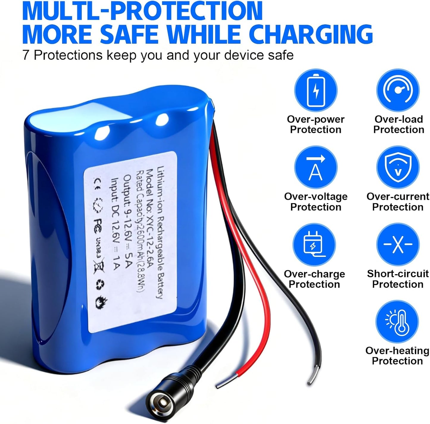 Generic 12V 2600mAh Pack (12V 2600mAh) Rechargeable Li-ion Battery with Charger, Bare Leads Wire Battery Perfect