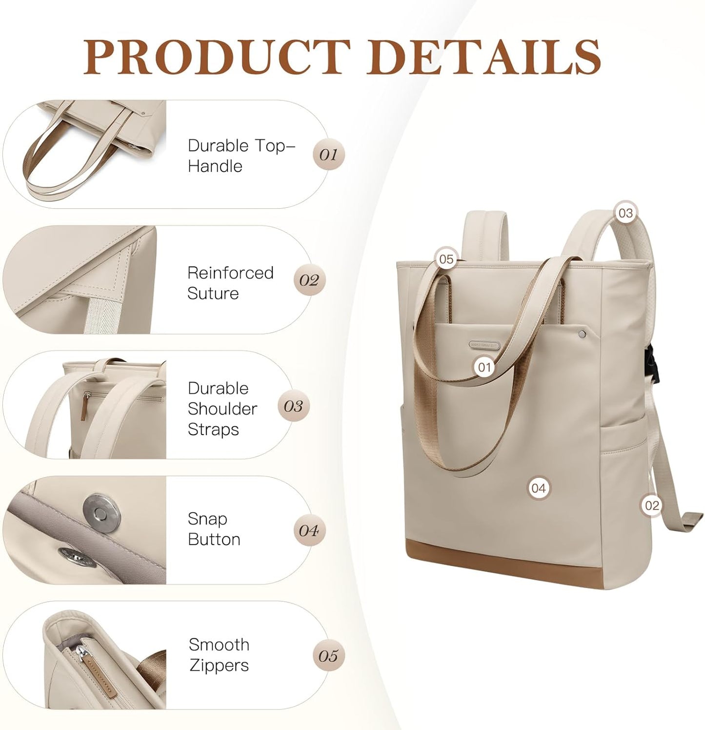 Backpack Backpack Leisure,16 Inch,Apricot Convertible Laptop for Women Men Carry on Tote Teacher Bookbag for College