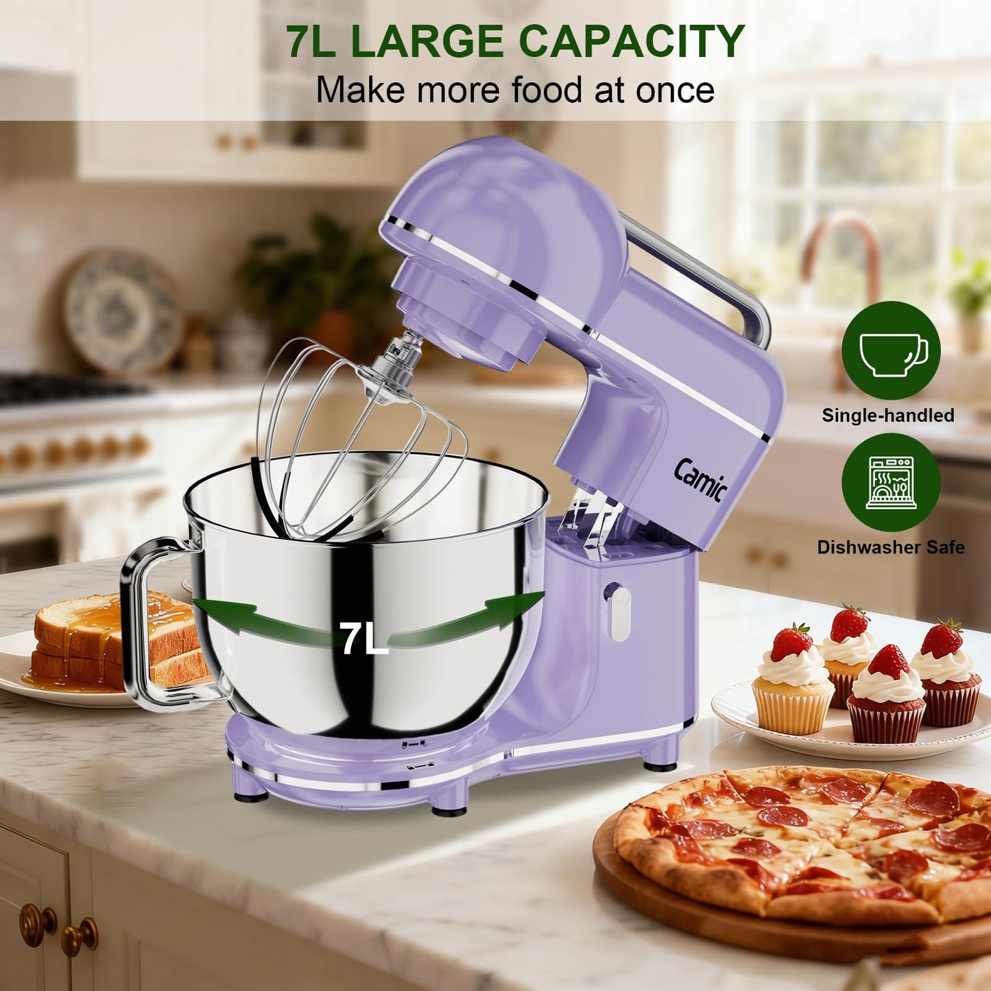Camic Electric Stand Mixer,7.45 QT,10 Speeds with Dough Hook,Whisk, Flat Beater Attachments, Splash Guard, Easy-Carry Top Handle,3-IN-1 Kitchen Mixer for Baking Cakes Cookie Bread Salad (Purple)