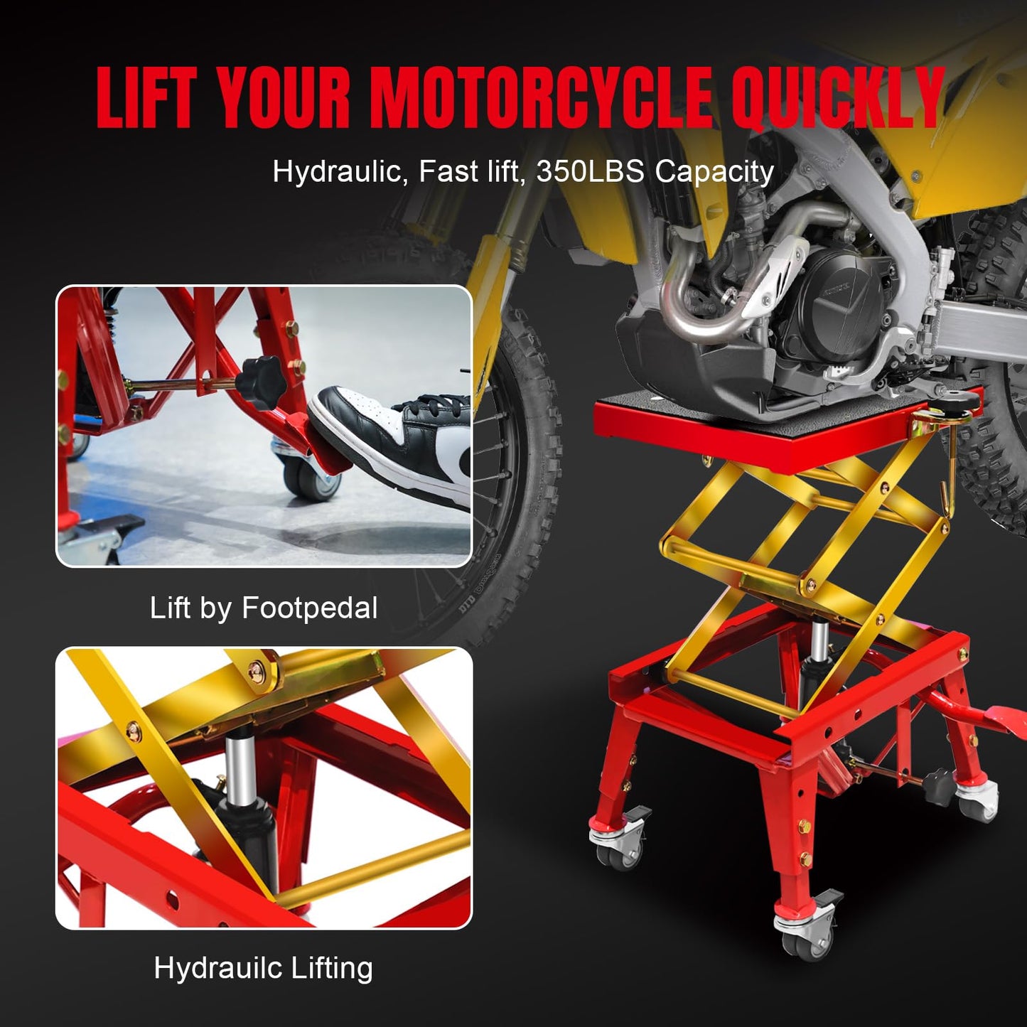 Jack Boss 350 Lbs Motorcycle Lift Jack Table, Hydraulic Foot-Operated Scissor Lift Jack for ATV Dirt Bike, Motorcycle Stand with 4 Wheels