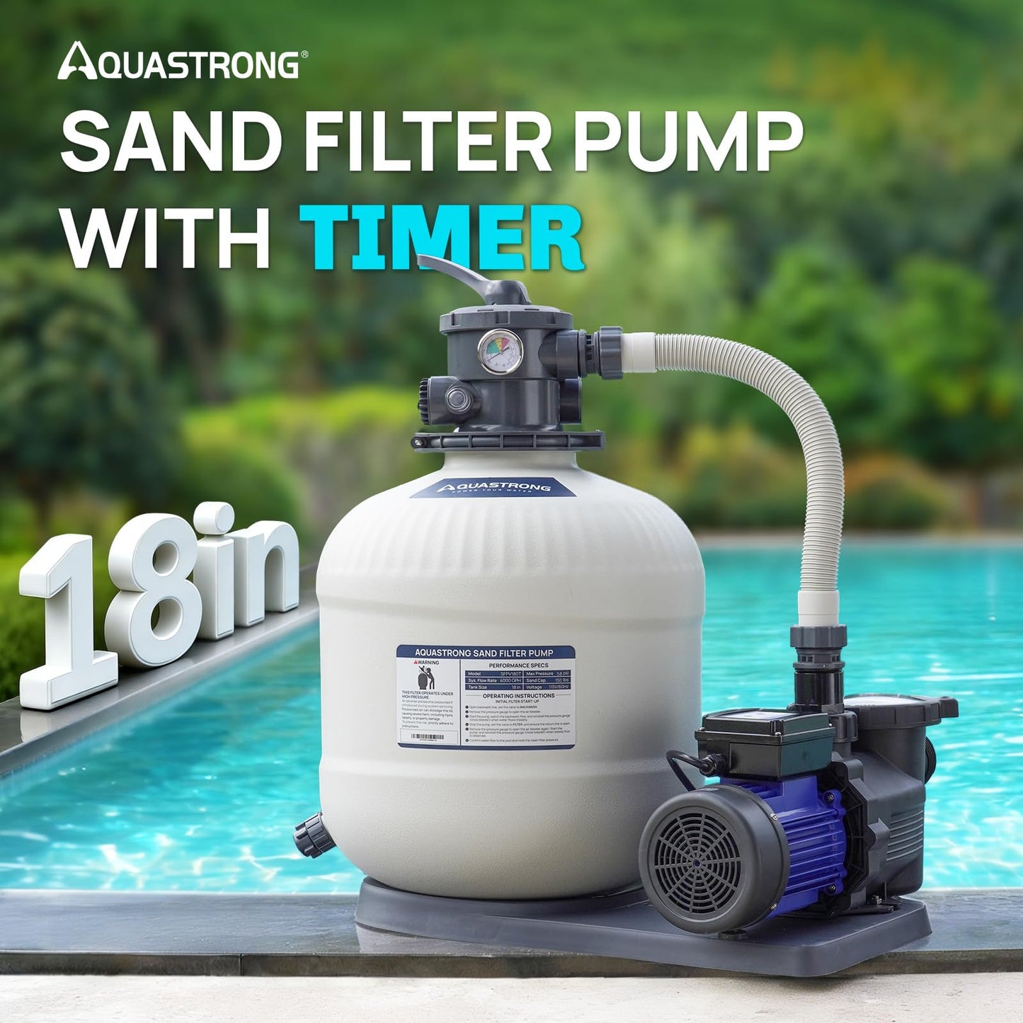 AQUASTRONG 18in Sand Filter Pump for Above Ground Pool with Timer, 220V, 1.5 HP, 8100 GPH Pool Pumps Above Ground for Pools Up to 28000 GAL, Pool Sand Filter with 6-Way Valve