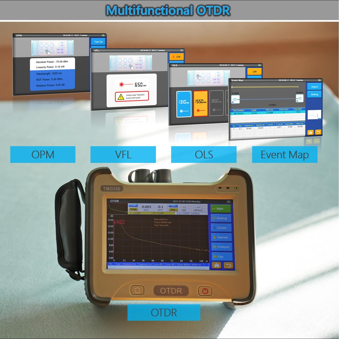 QIIRUN OTDR Fiber Optic Tester SM 1310/1550nm 32/30dB, Optical Time Domain Reflectometer with 0.8m Dead Zone 160km Range, 7-inch Touchscreen, OPM VFL OLS Event Map, Multifunctional Test Kit