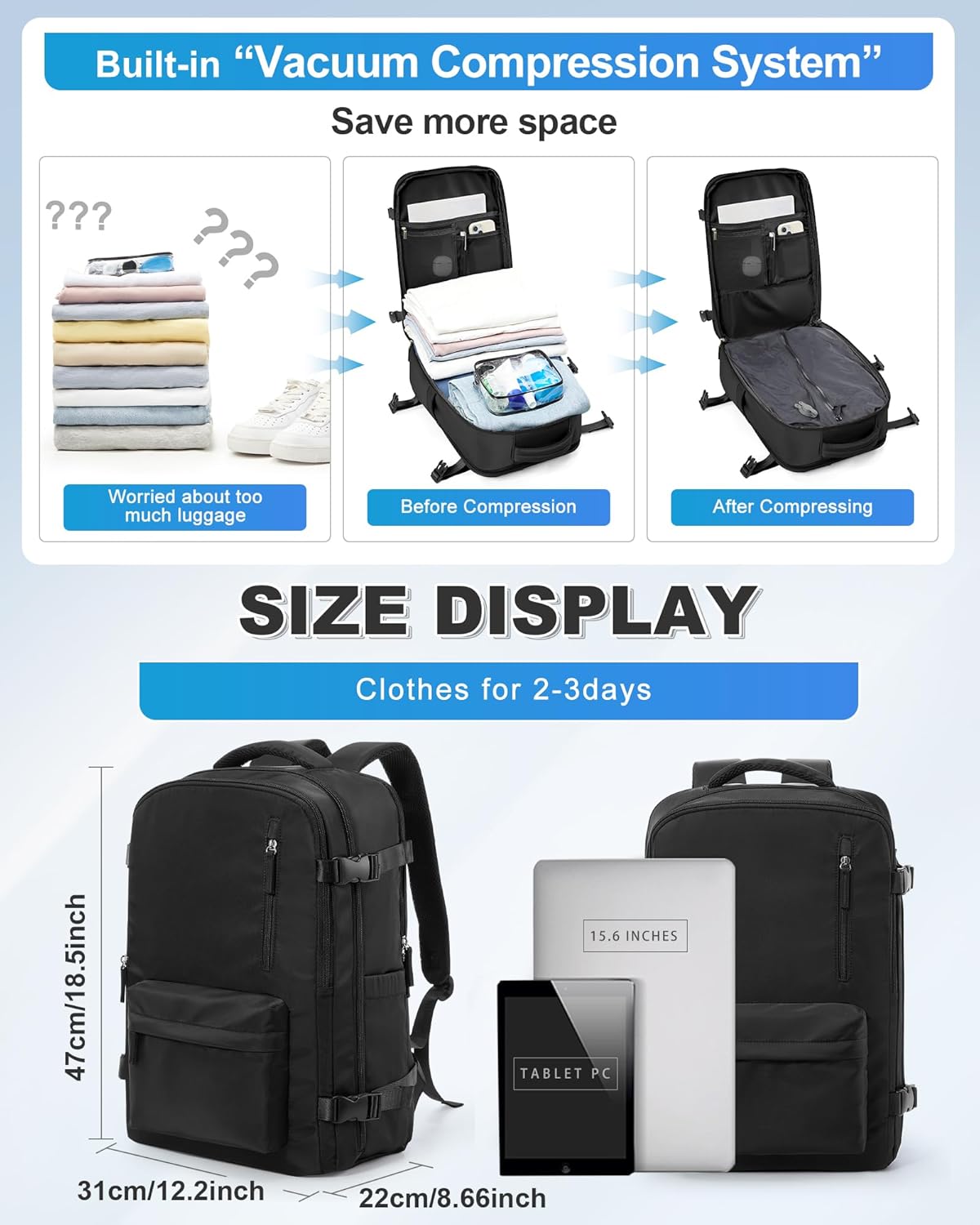 VGCUB Backpack Vacpack Daypack Backpacks Vacuum Travel with Pump System Storage Carry on Work Laptop Business