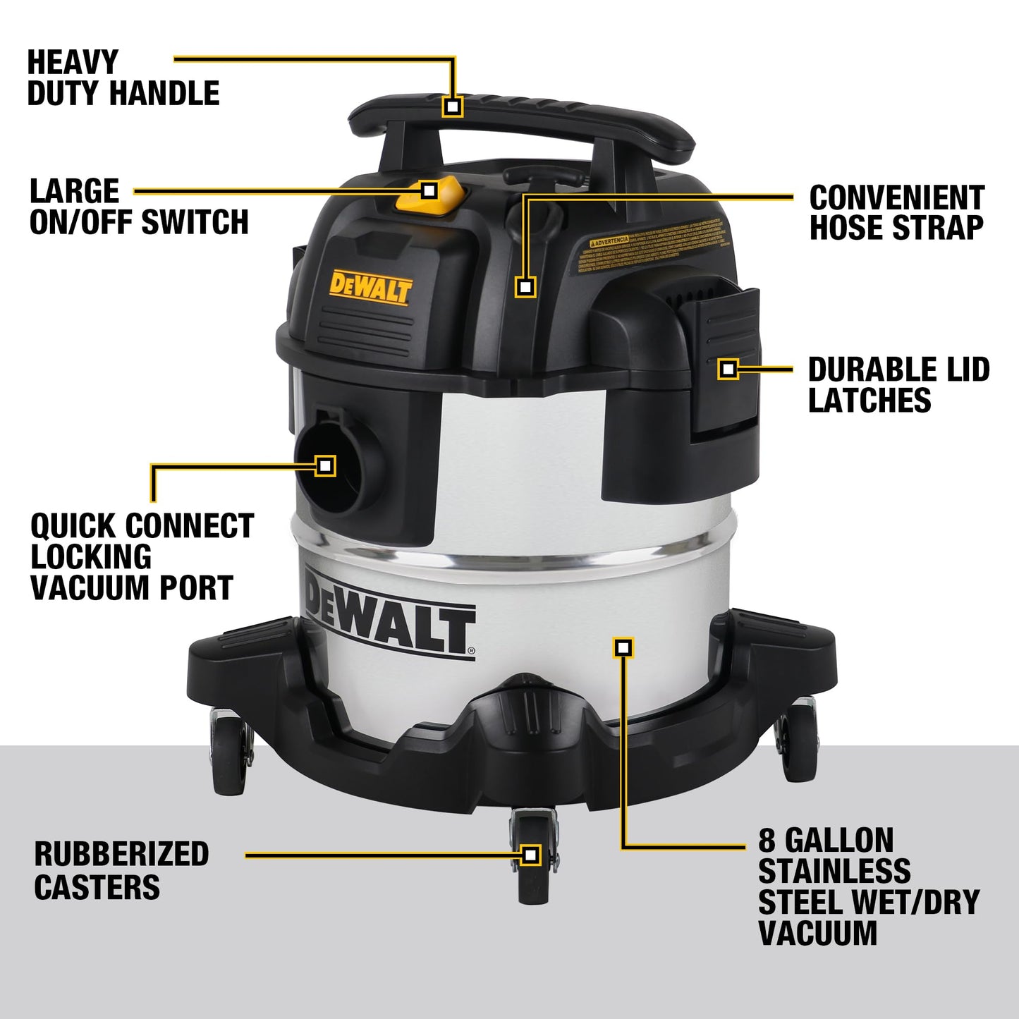 DEWALT DXV05S 5 Gallon Stainless Steel Wet/Dry Vac, 4 Peak HP Shop Vacuums with Attachments, Powerful Suction, 1-7/8" Hose, DXV05S, Silver