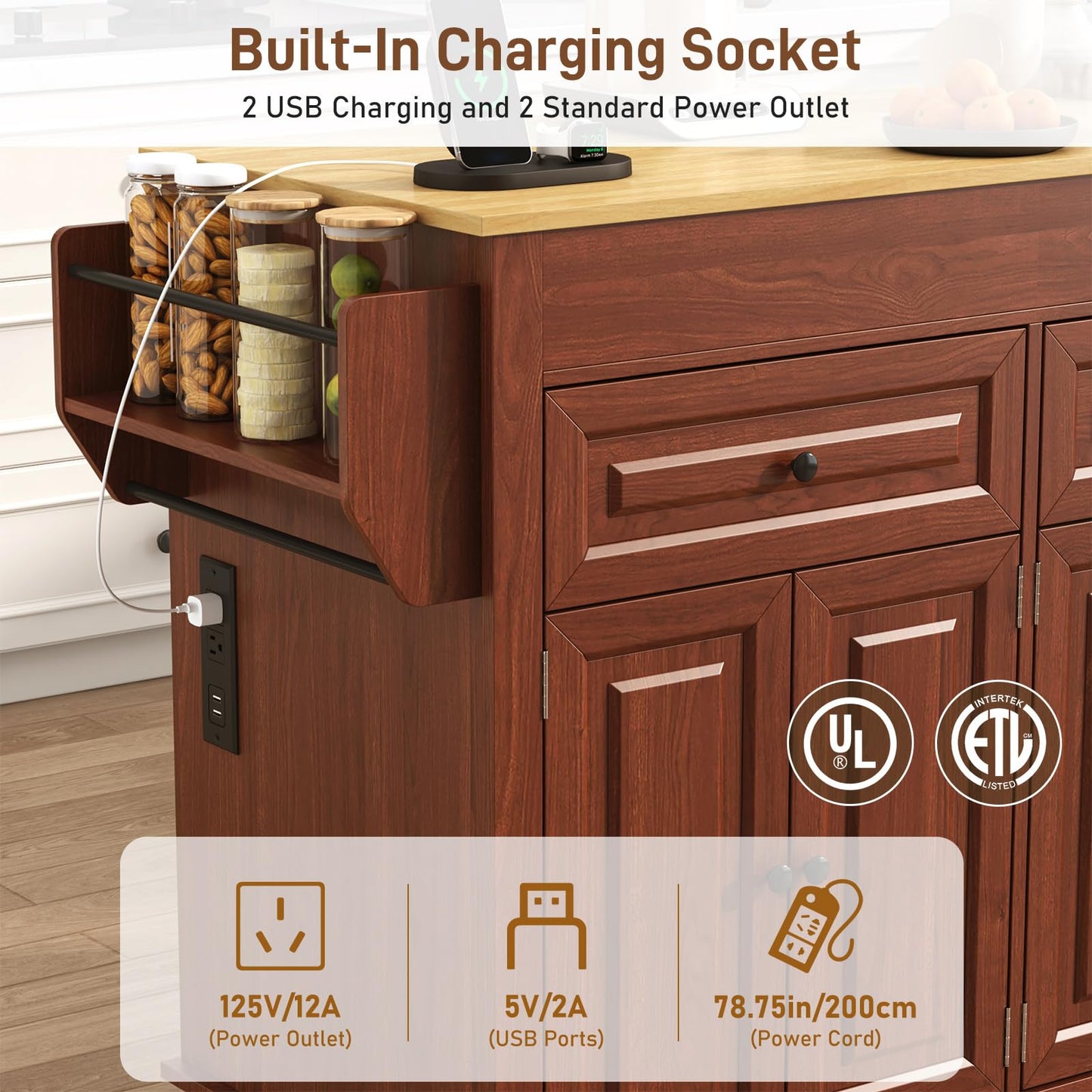 80"-48" Extendable Kitchen Island with Extended Dining Table and Power Outlet,Large Mobile Kitchen Storage Islands with 2 Storage Drawers,Rolling Islands Cart with 3 Extra Rows Open Shelves(Brown)