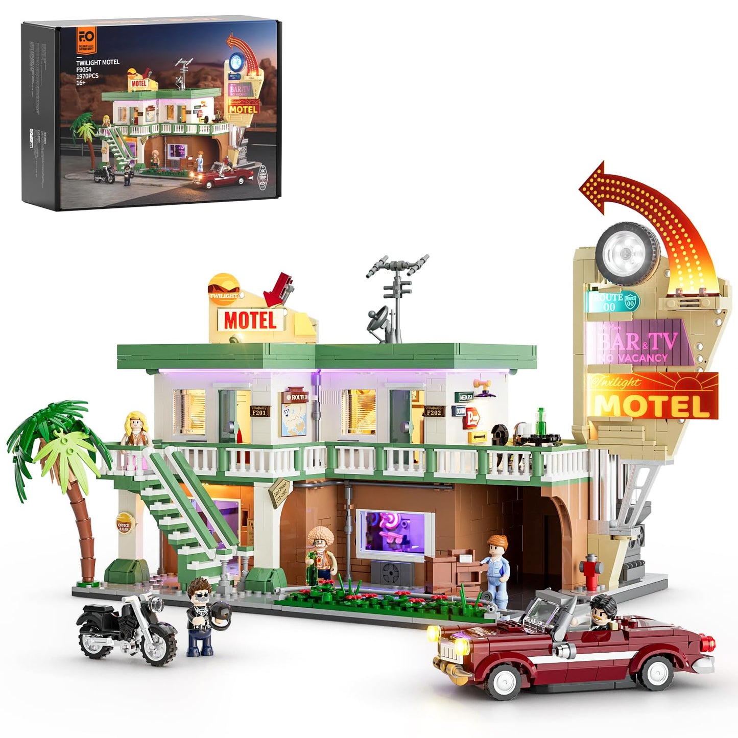 FUNWHOLE City Car-Hotel Lighting Building-Bricks Set - Road Trip Modular Twilight Motel Collection LED Light Car and Motorcycle Building Set 1970 Pcs for Adults and Teen