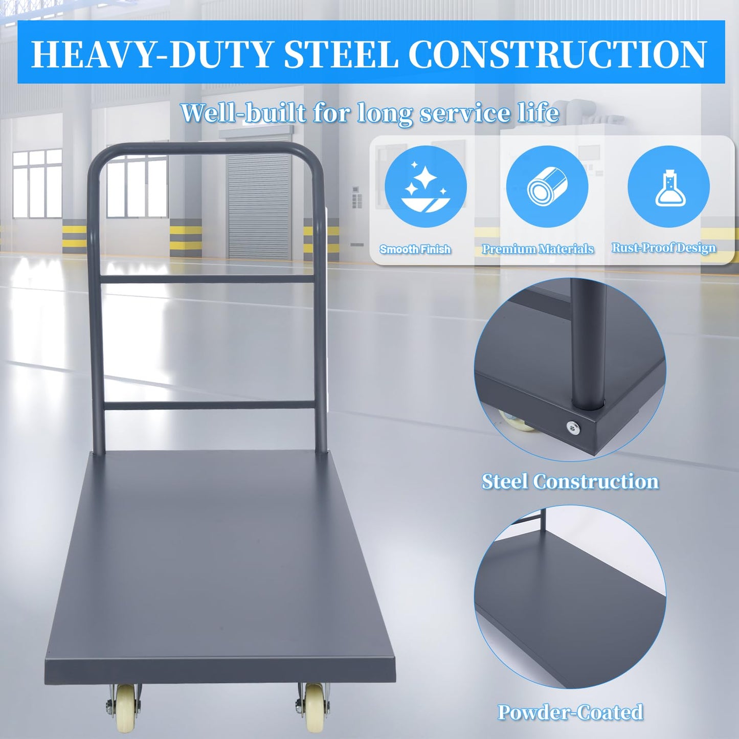 Heavy Duty Flatbed Cart 48"x30" Platform Truck with 4 Swivel Wheels, 2000 lbs Capacity Steel Hand Truck, Industrial Utility Push Cart for Warehouse Garage and Moving