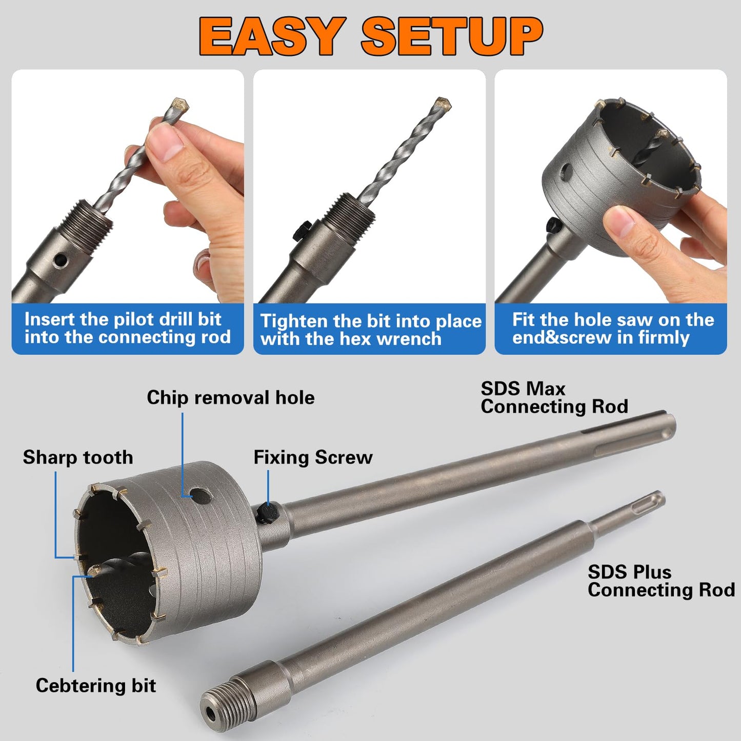 Concrete Hole Saw Kit with SDS Plus 5", 125mm Concrete Hole Saw Set with 220mm SDS Plus Shank Connecting Rod for Concrete Cement Brick Stone Wall