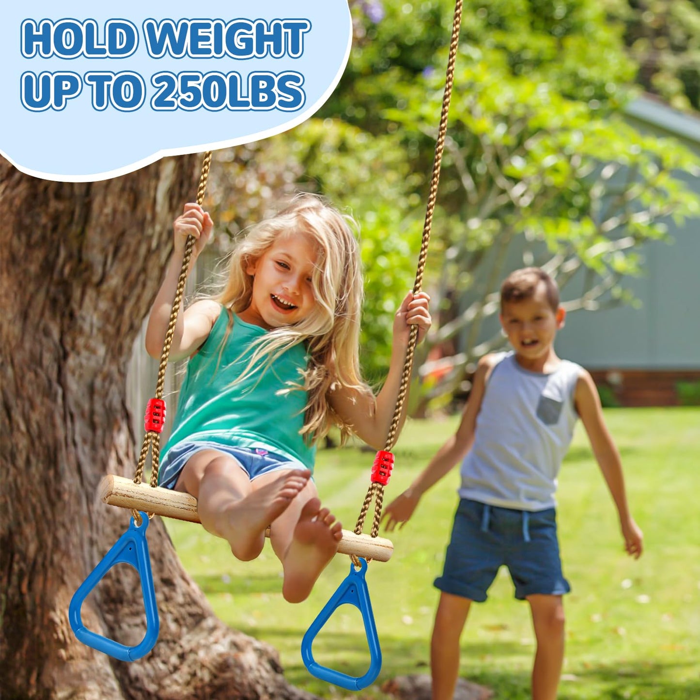 LadyRosian Wooden Trapeze Swing Bar, Adjustable Height Swing Set, Gym Rings, Playground Attachments, 16.5" Monkey Bar for Backyard, Playground, Playroom (Blue)