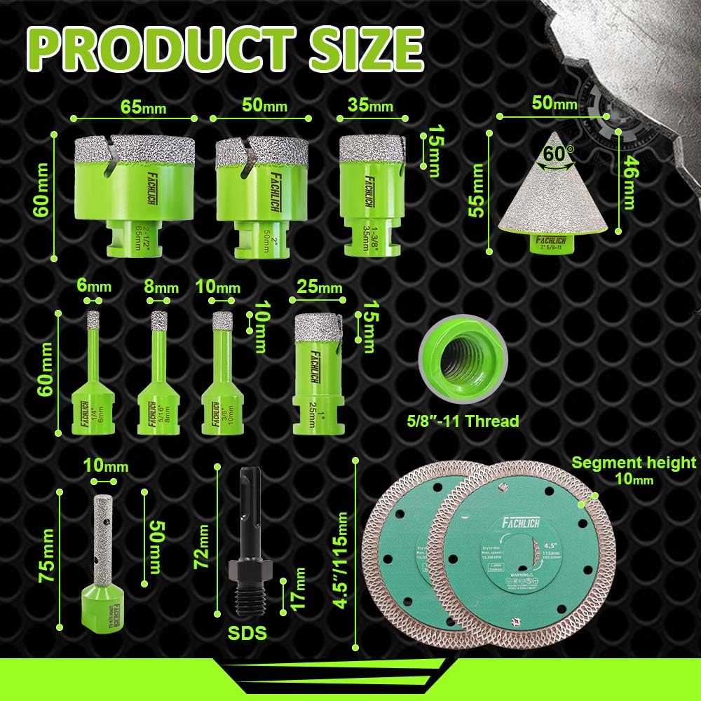Tile Hole Saw Kit Diamond - (6/8/10/25/35/50/65mm Drill Bits+Finger Bit+Chamfer Bit+Adapter+Tile Blade) Diamond Hole Saw Kit for Porcelain Ceramic Marble Brick Granite,5/8"-11 Thread