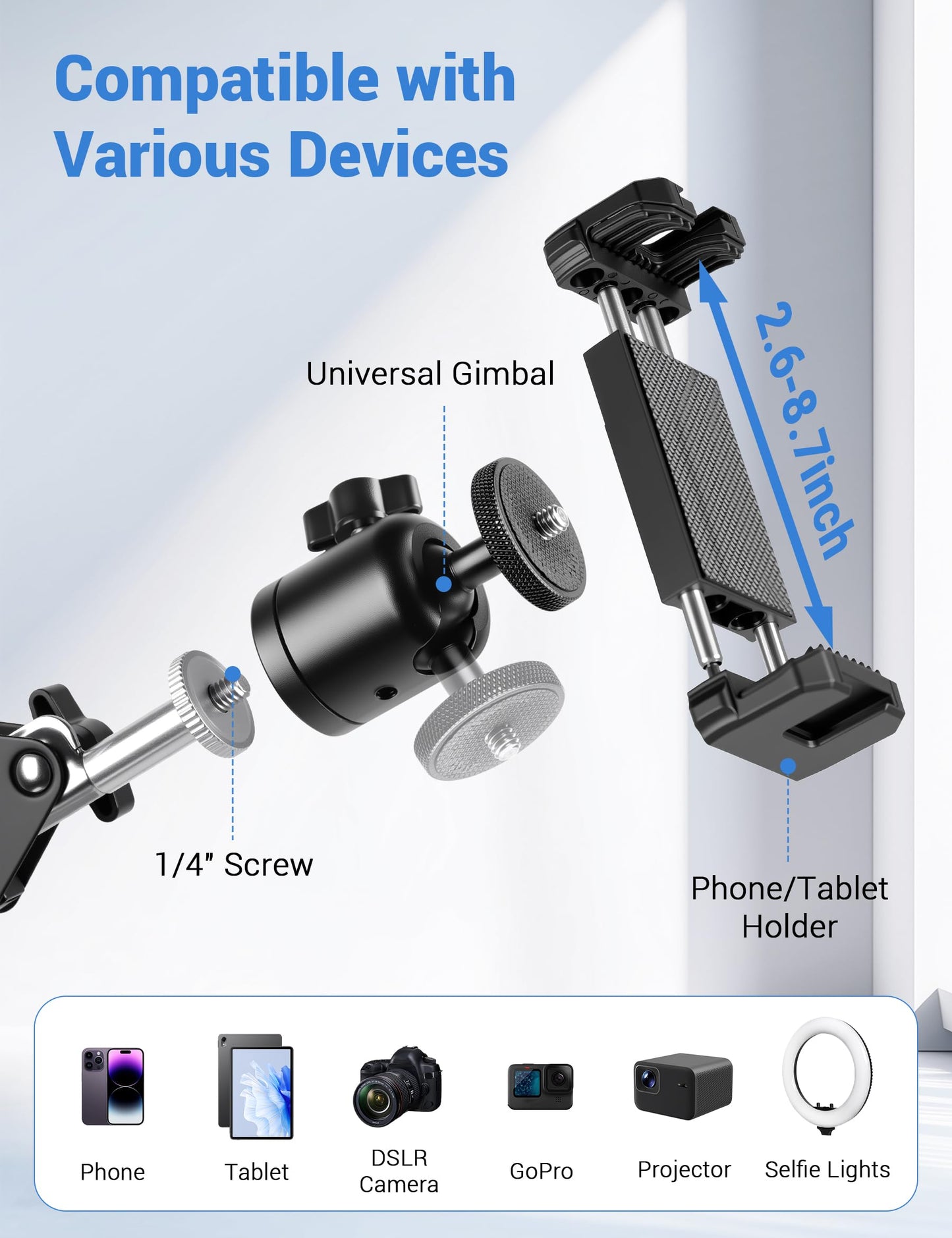 Evekea Overhead Camera Mount, Desk Camera Mount with 360° Adjustable Arm and Phone Holder for DSLR Cameras/iPhone/Webcam/Ring Light, Desk Phone Stand for Video Recording,Zoom Meeting,YouTube,TikTok