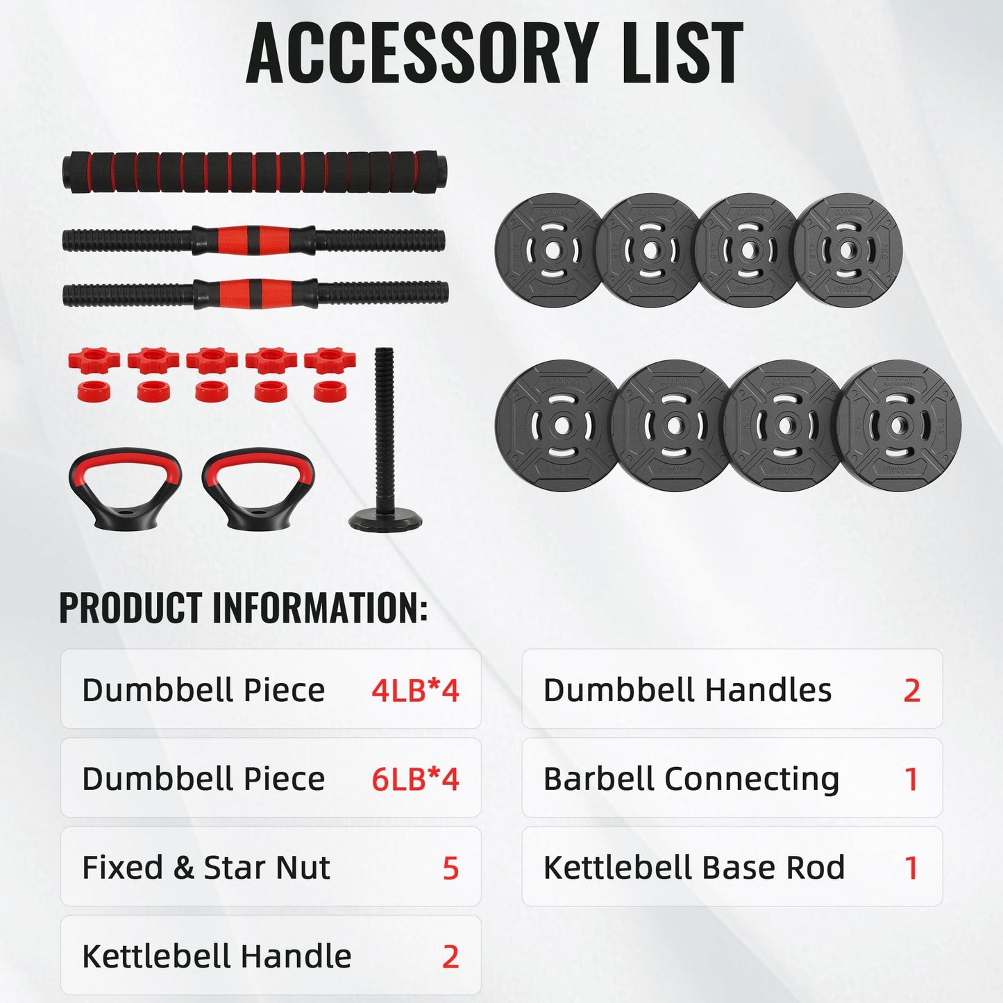 Fitvids Multi-Functional Changeable Dumbbell and Barbell Kettlebell Set with Adjustable Weights, 40LBS, 4 in 1