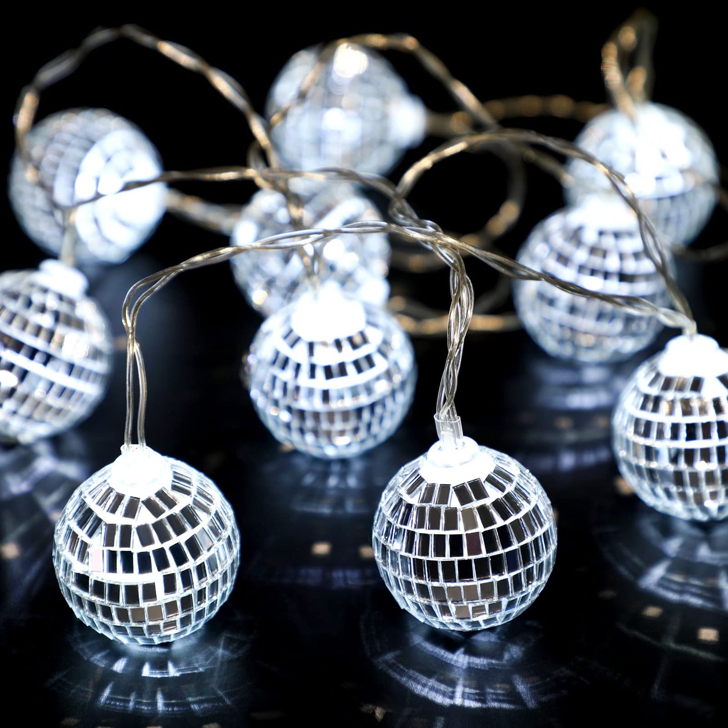 BBTO LED Disco Ball String Lights, 10 Pcs, 2 Inch, Battery Powered, Silver, Model BBTO-Decorations-2674, 70s 80s 90s