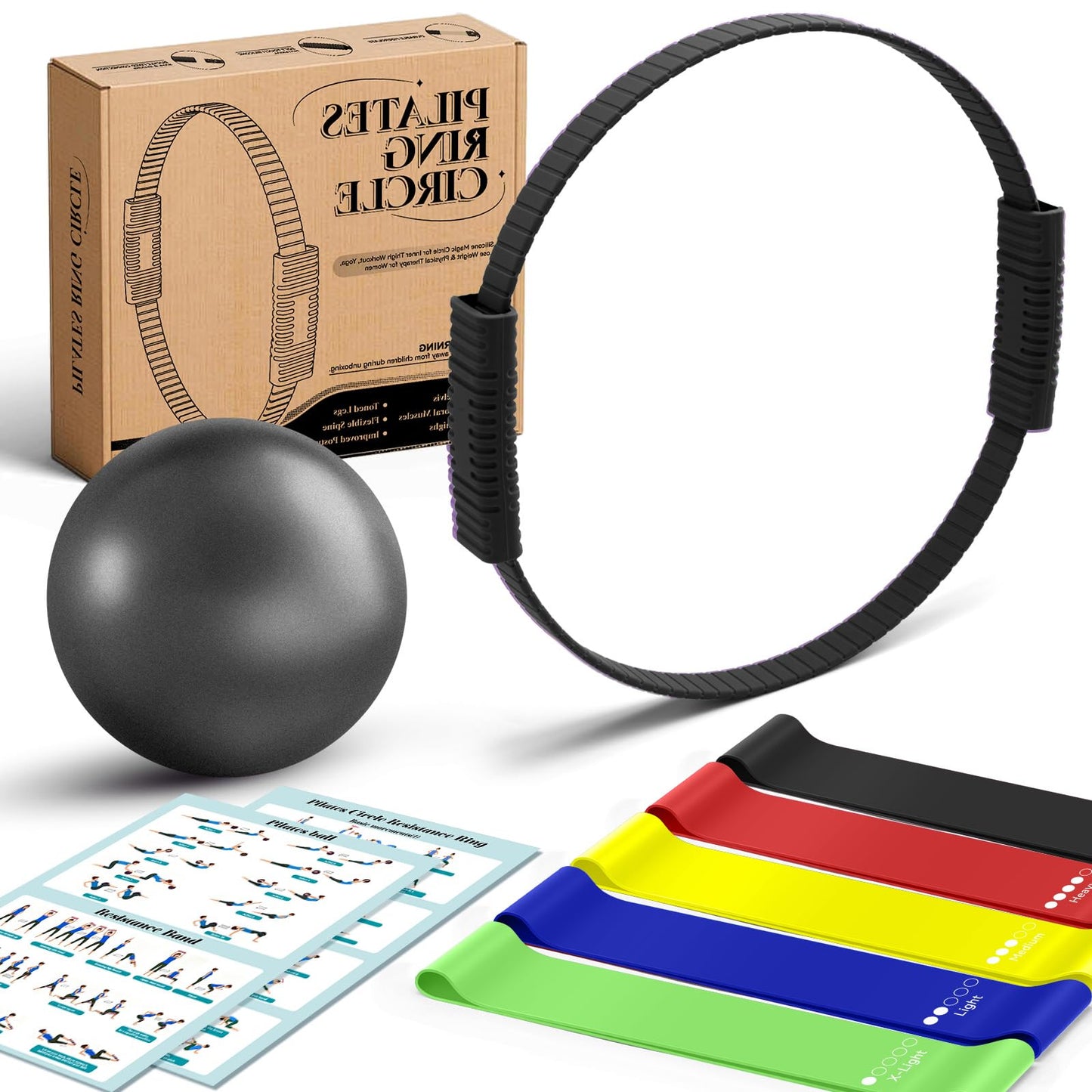 LTHTRADE Pilates Ring Set for Women, Pilates Ring and Ball Set with 5-Level Resistance Bands for Core Strength, Stretching, Toning & Full Body Home Workout Pilates Equipment (Black)