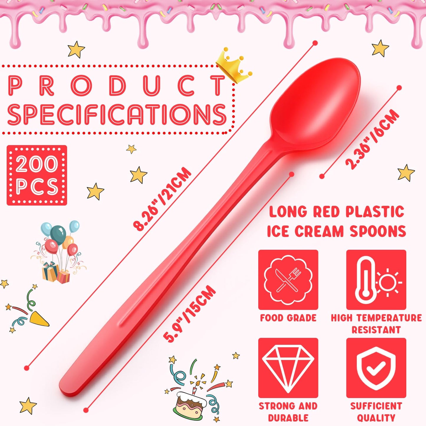 Potchen 200 Pcs Extra Long Spoons for Ice Cream Floats Plastic Sundae Spoons Bulk 8 Inch Long Handle Spoon Heavy Duty for Ice Cream Milkshakes Tea Cocktails Root Beer Float and Tall Beverages (Red)