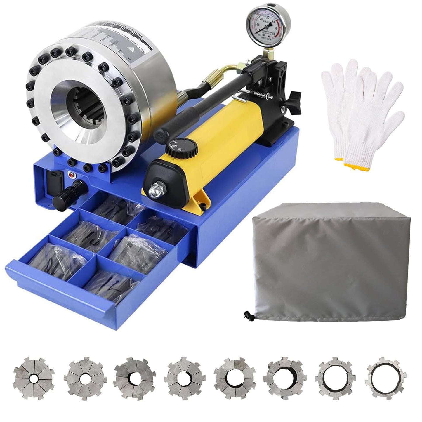 Hydraulic Hose Crimper with 8 Sets of Dies - High Pressure Handheld Crimping Tool for 1/4" to 1" Hose (6mm-28mm), 1000KN Force, Magnetic Mold, 1L Oil Tank