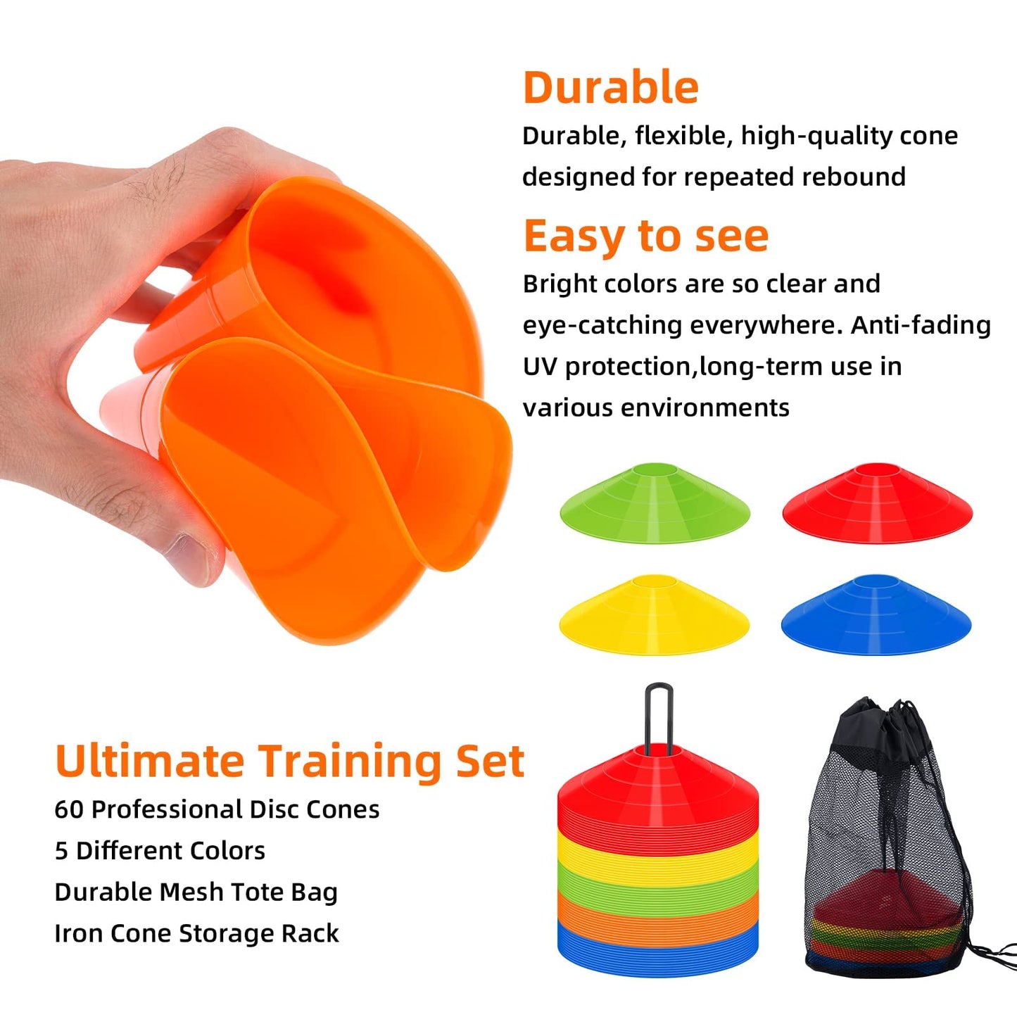 60 Pack Agile Soccer Cones with Portable Bags & Brackets,Sports Cones,cones for sports training，soccer cones for training，soccer training equipment，Agile Soccer Cones Used for Football Training
