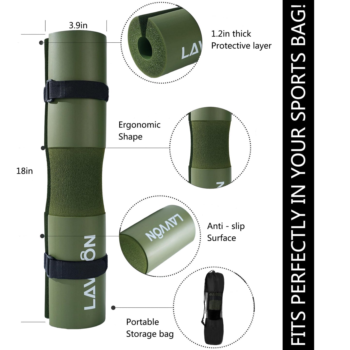 Squat Pad - Foam Barbell Pad for Squats Cushion, Lunges & Bar Padding for Hip Thrusts - Standard Weight Bar Pad - Provides Cushion to Neck and Shoulders While Training (ArmyGreen)