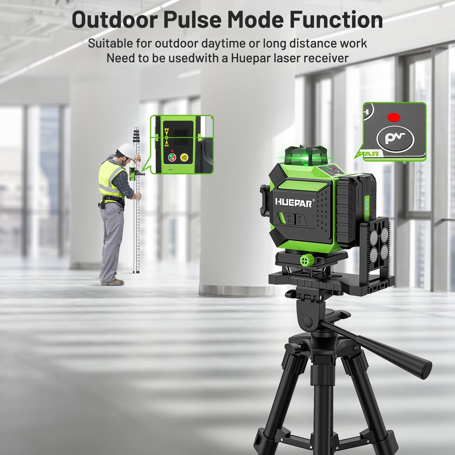 Huepar 360 Laser Level Self-Leveling Cross Line Laser Level 4D Green Beam 197Ft. Laser Tool 67.72" Lightweight Extendable Tripod, Li-ion Battery, Magnetic Base, Hard Carry Case-704CG&T16A