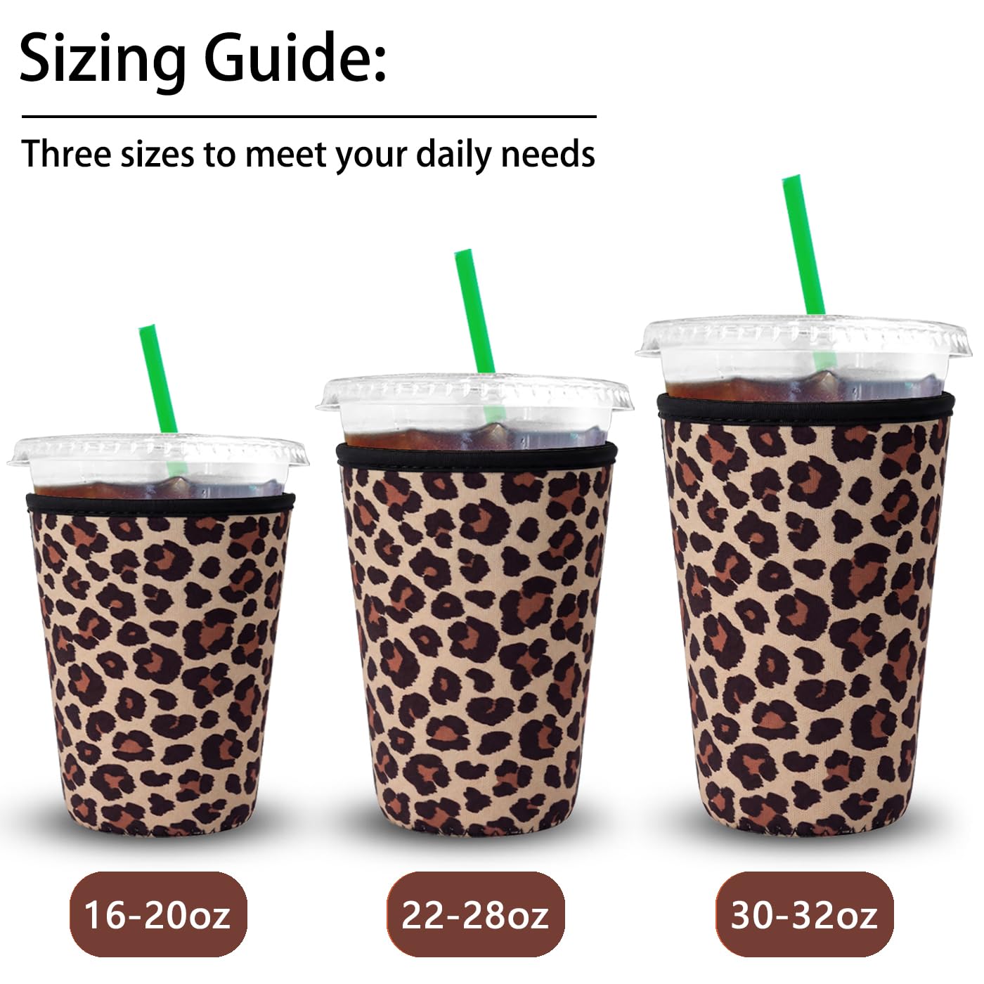 XccMe Reusable Iced Coffee Insulator Sleeve for Cold Beverages,3 Pack Neoprene Coffee Coolies sleeves for Iced & Hot Drinks,Drink Sleeve Compatible with Starbucks Coffee and More (Leopard 2)
