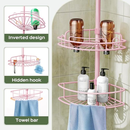 HAMITOR Corner Shower Caddy - 4-Tier Rust-Resistant Bathroom Organizer | Adjustable 47-121 Inch - Quick No-Drill Installation - Space-Saving Pink Shelves
