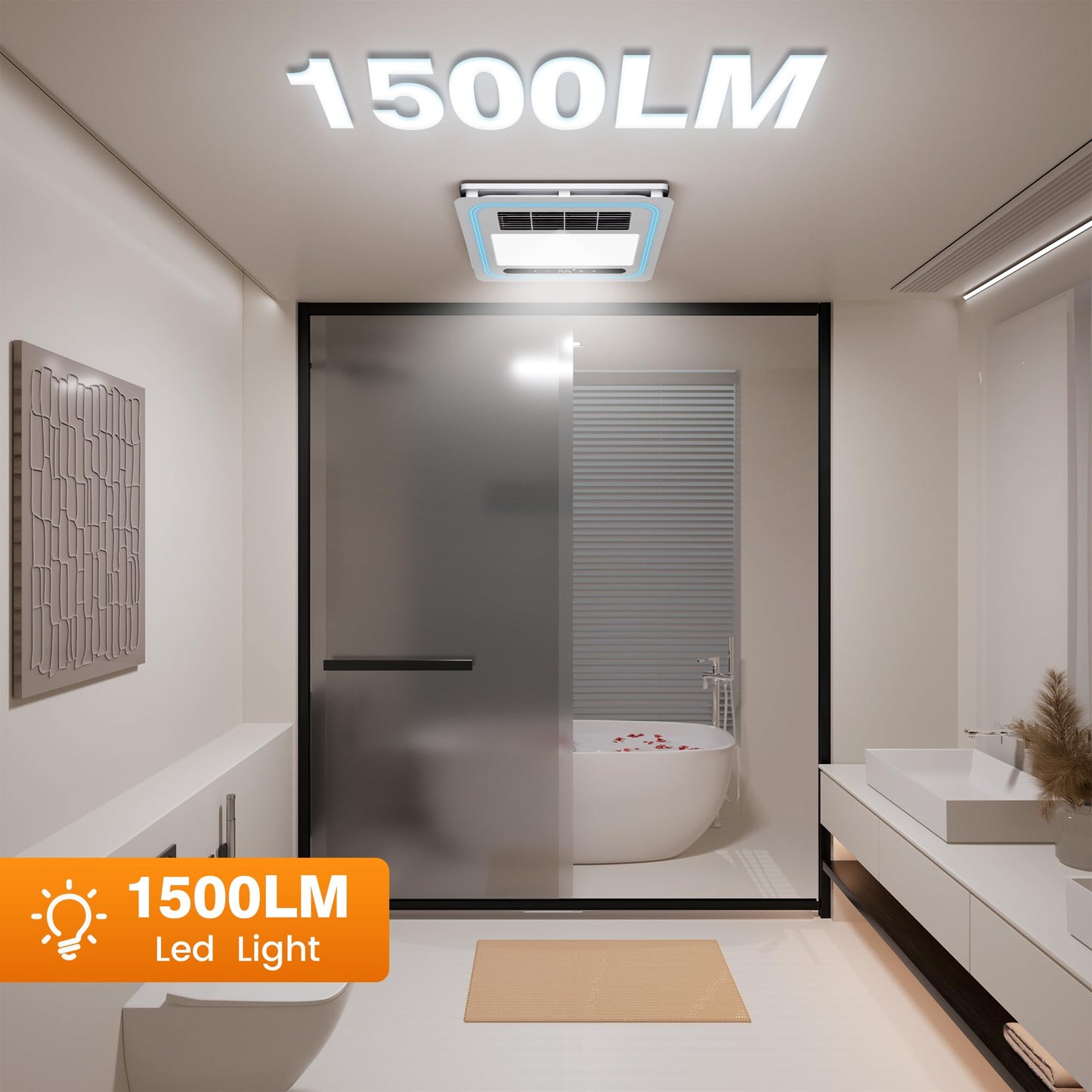 Oeukas 4-in-1 Bathroom Exhaust Fan with Light and Heater, 190 CFM Powerful Ventilation, 1800W Pro-Grade Fast Heating, 1.0 Sone Ultra-Quiet, Remote Control Ceiling Bath Fan with RGB Ambient Light