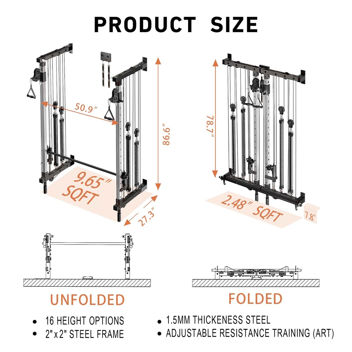 DUORAN Wall-Mounted Folding Smith Machine Home Gym, All-in-One Compact Power Cage & Cable Pulley Trainer with 200–398LB Dual-User Resistance Band System for Home, Garage, Basement Fitness （Black）