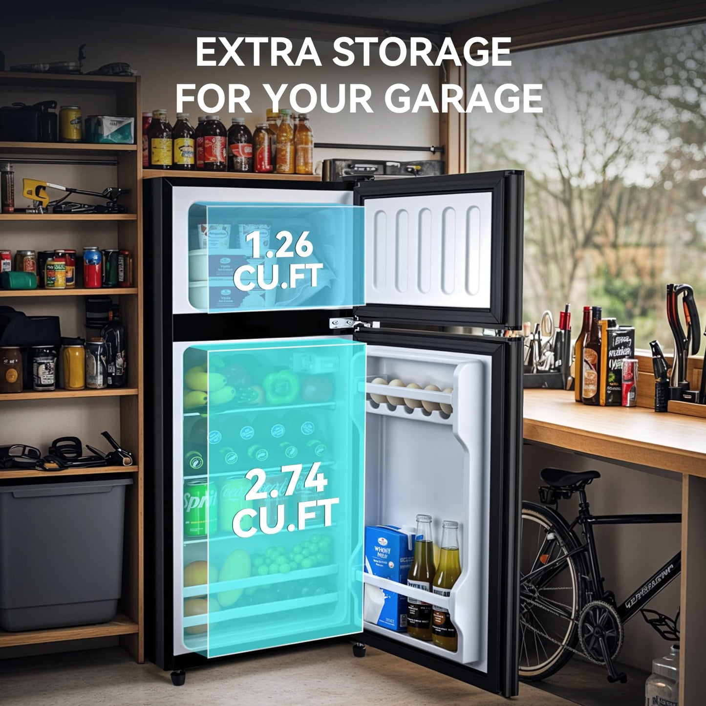 Anypro 4.0 Cu.Ft Fridge with Freezer, Double Door Refrigerator with 6 Level Thermostat, LED Light, Adjustable Glass Shelves for Bedroom, Office, Dorm, Apartment, Black